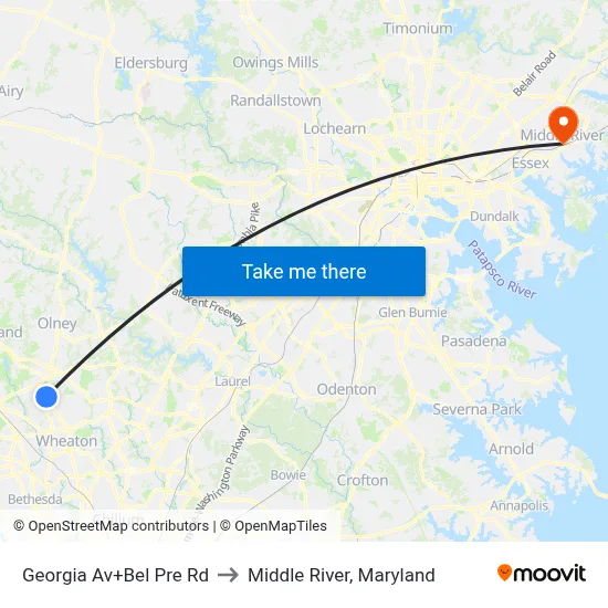 Georgia Av+Bel Pre Rd to Middle River, Maryland map