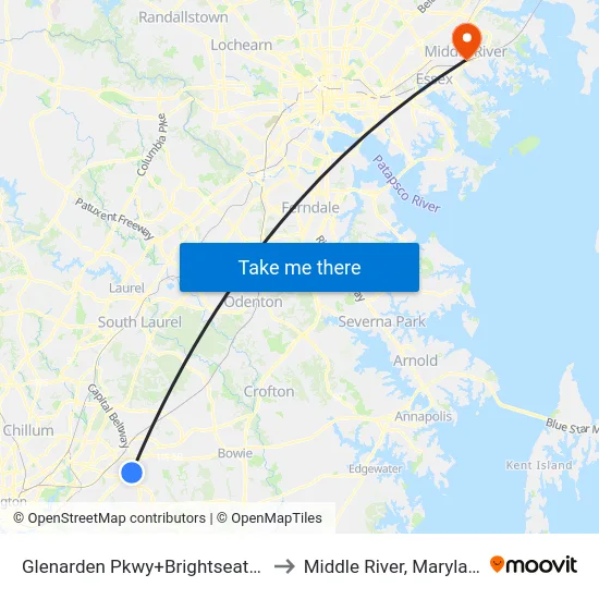 Glenarden Pkwy+Brightseat Rd to Middle River, Maryland map