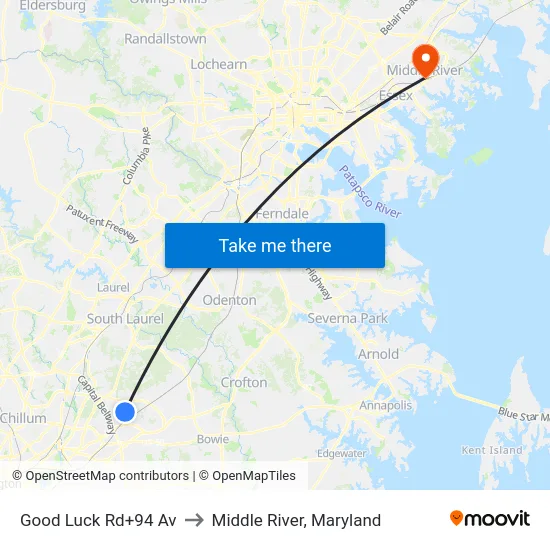 Good Luck Rd+94 Av to Middle River, Maryland map