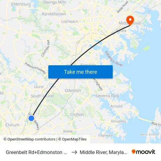 Greenbelt Rd+Edmonston Rd to Middle River, Maryland map