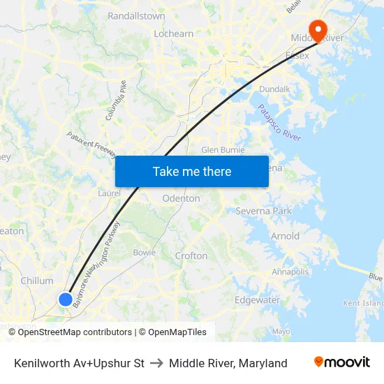Kenilworth Av+Upshur St to Middle River, Maryland map