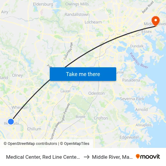 Medical Center, Red Line Center Platform to Middle River, Maryland map
