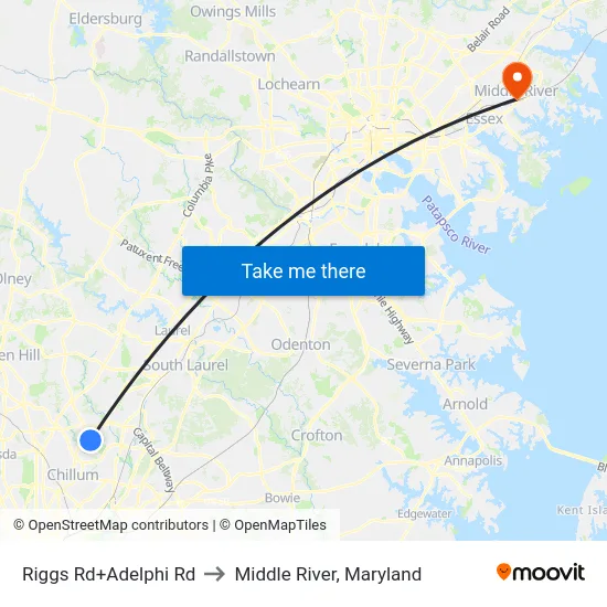 Riggs Rd+Adelphi Rd to Middle River, Maryland map