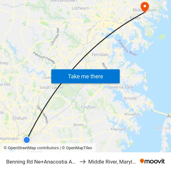 Benning Rd Ne+Anacostia Av NE to Middle River, Maryland map
