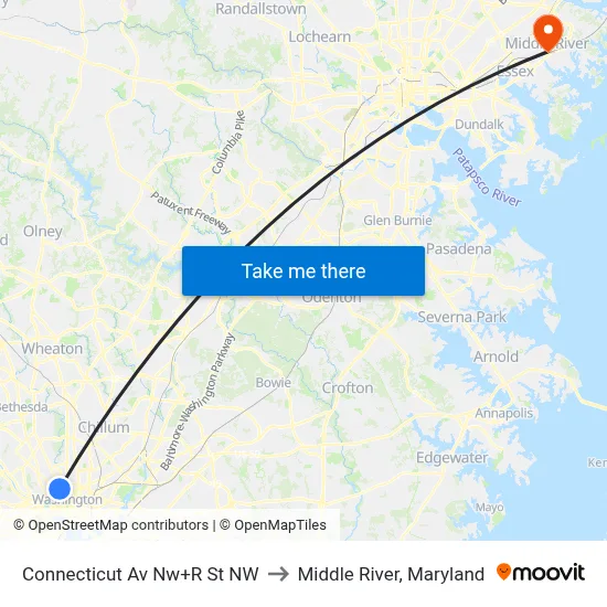 Connecticut Av Nw+R St NW to Middle River, Maryland map