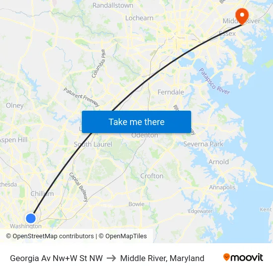 Georgia Av Nw+W St NW to Middle River, Maryland map