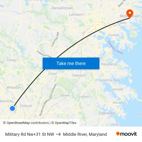 Military Rd Nw+31 St NW to Middle River, Maryland map