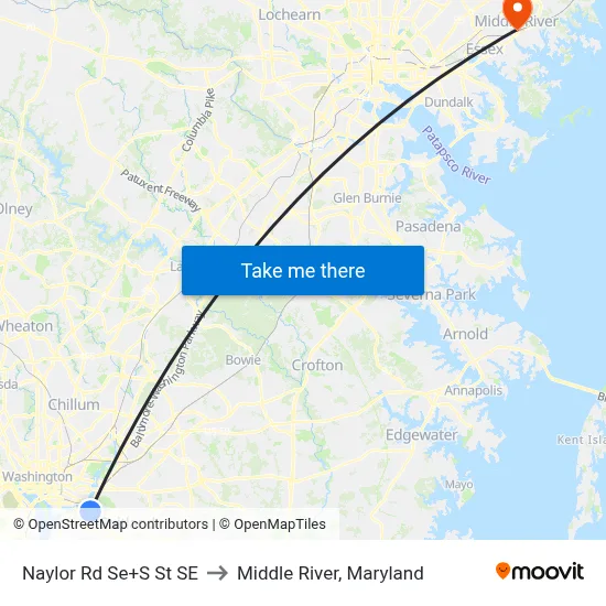 Naylor Rd Se+S St SE to Middle River, Maryland map