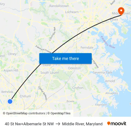 40 St Nw+Albemarle St NW to Middle River, Maryland map