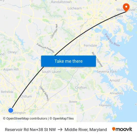 Reservoir Rd Nw+38 St NW to Middle River, Maryland map