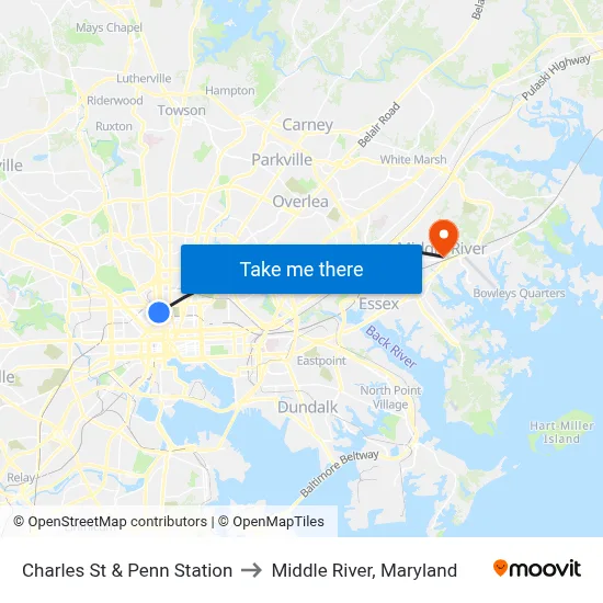 Charles St & Penn Station to Middle River, Maryland map