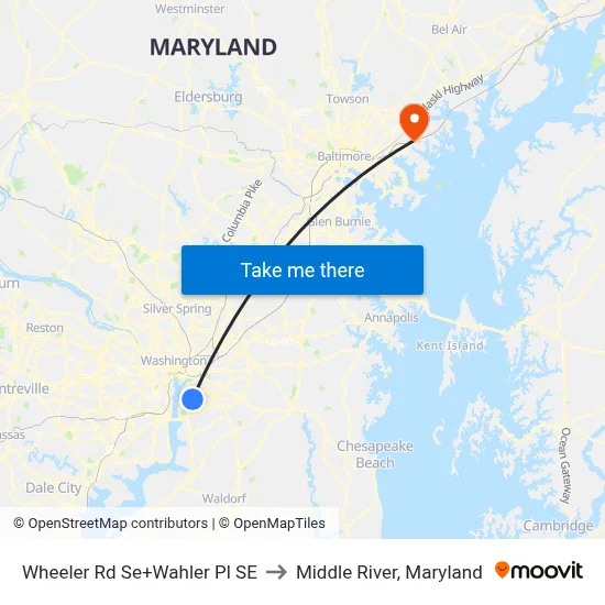 Wheeler Rd Se+Wahler Pl SE to Middle River, Maryland map