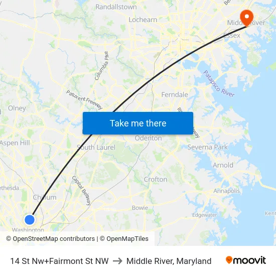 14 St Nw+Fairmont St NW to Middle River, Maryland map