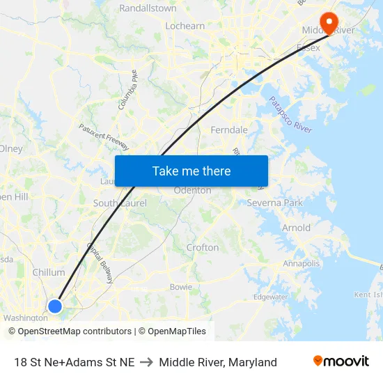 18 St Ne+Adams St NE to Middle River, Maryland map