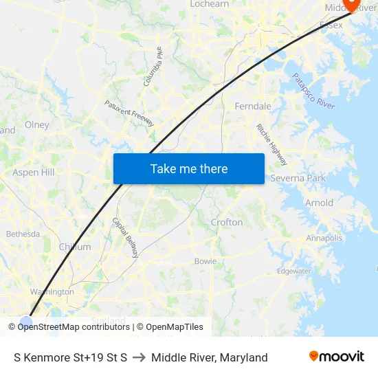 S Kenmore St+19 St S to Middle River, Maryland map
