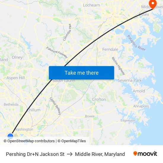Pershing Dr+N Jackson St to Middle River, Maryland map