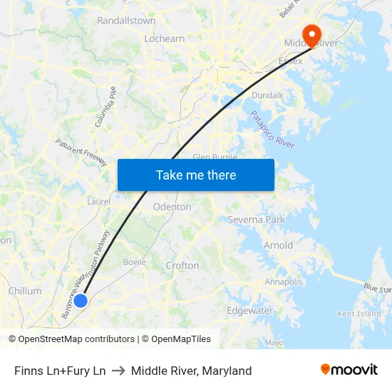 Finns Ln+Fury Ln to Middle River, Maryland map