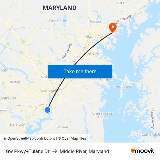 Gw Pkwy+Tulane Dr to Middle River, Maryland map