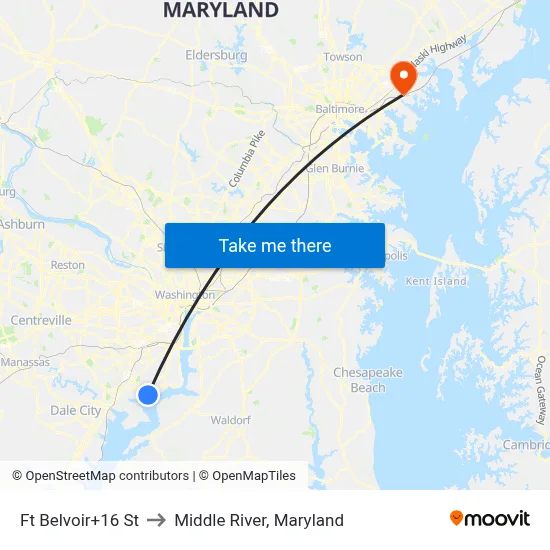 Ft Belvoir+16 St to Middle River, Maryland map