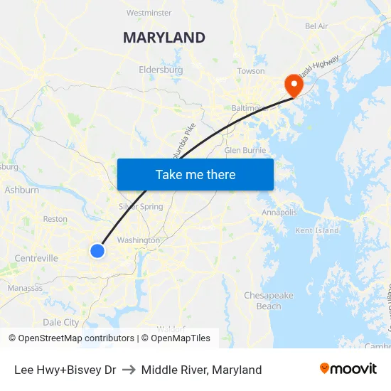 Lee Hwy+Bisvey Dr to Middle River, Maryland map