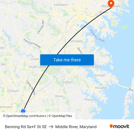 Benning Rd Se+F St SE to Middle River, Maryland map
