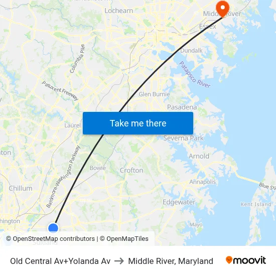 Old Central Av+Yolanda Av to Middle River, Maryland map