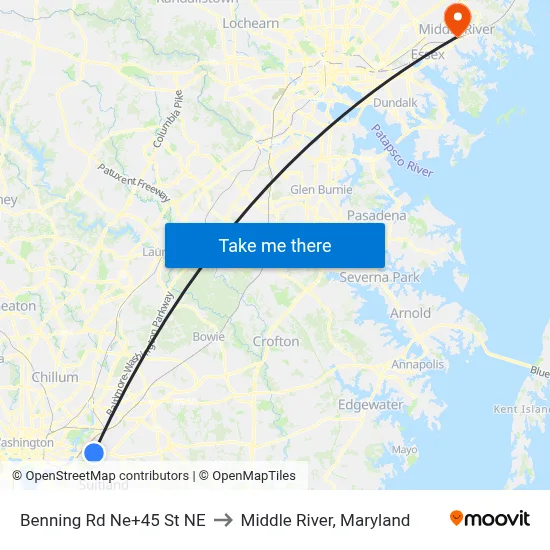 Benning Rd Ne+45 St NE to Middle River, Maryland map