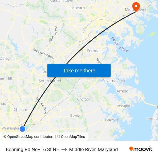 Benning Rd Ne+16 St NE to Middle River, Maryland map