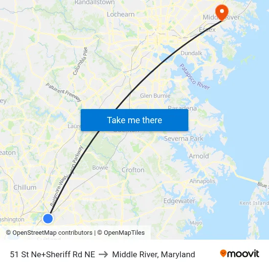 51 St Ne+Sheriff Rd NE to Middle River, Maryland map