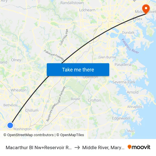 Macarthur Bl Nw+Reservoir Rd NW to Middle River, Maryland map