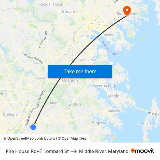 Fire House Rd+E Lombard St to Middle River, Maryland map