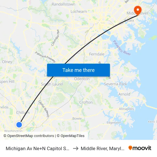 Michigan Av Ne+N Capitol St NE to Middle River, Maryland map