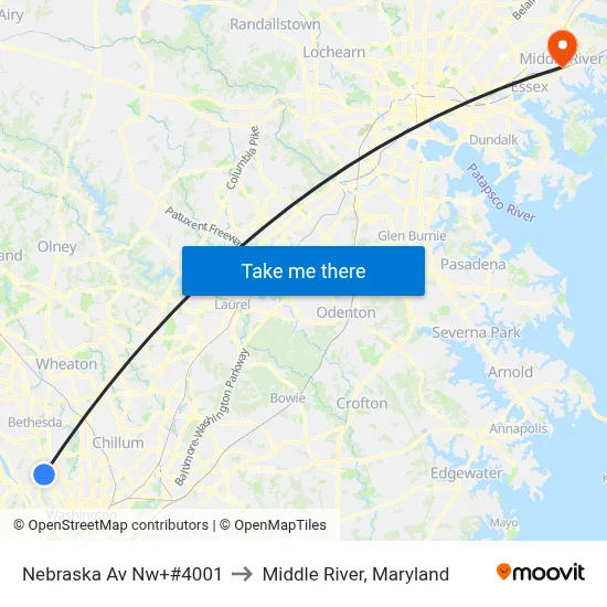 Nebraska Av Nw+#4001 to Middle River, Maryland map