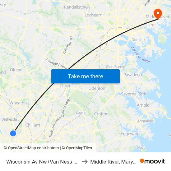 Wisconsin Av Nw+Van Ness St NW to Middle River, Maryland map