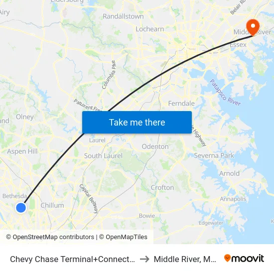 Chevy Chase Terminal+Connecticut Av NW to Middle River, Maryland map