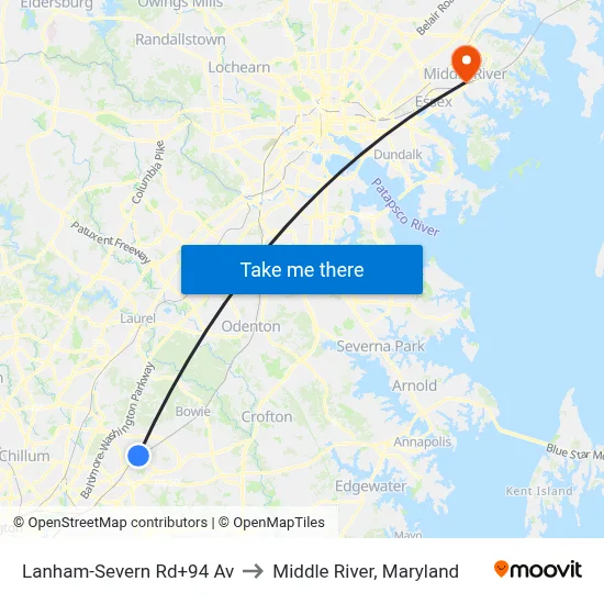 Lanham-Severn Rd+94 Av to Middle River, Maryland map
