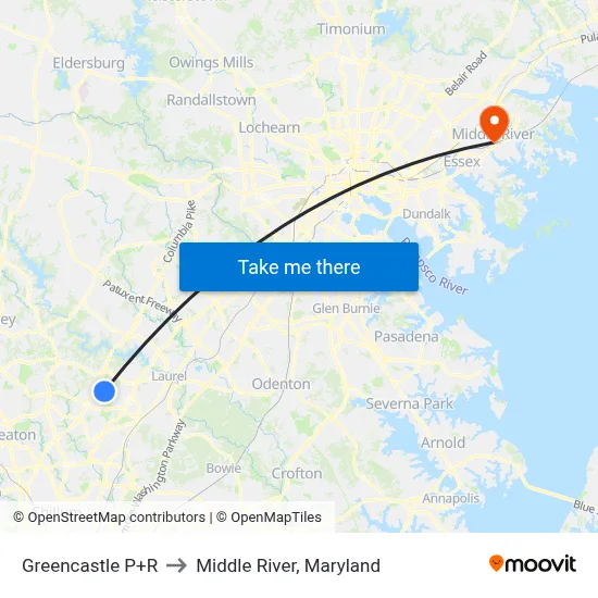 Greencastle P+R to Middle River, Maryland map
