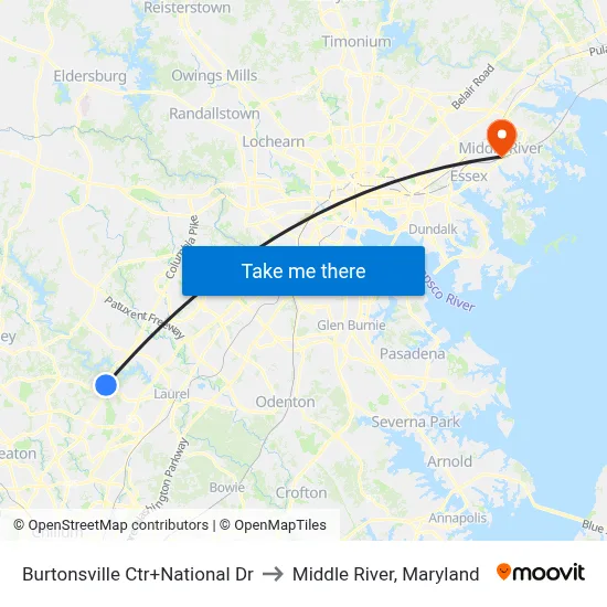 Burtonsville Ctr+National Dr to Middle River, Maryland map