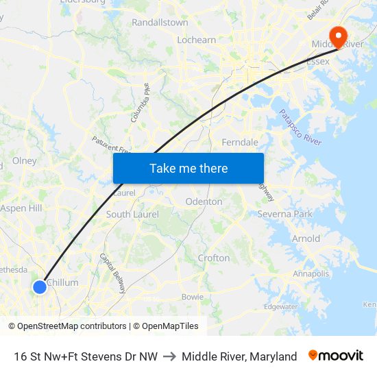 16 St Nw+Ft Stevens Dr NW to Middle River, Maryland map