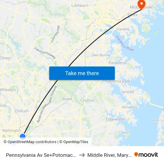Pennsylvania Av Se+Potomac Av SE to Middle River, Maryland map