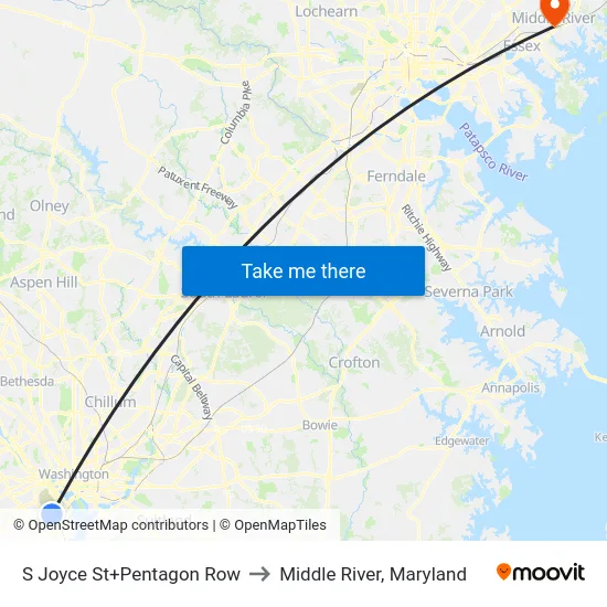 S Joyce St+Pentagon Row to Middle River, Maryland map