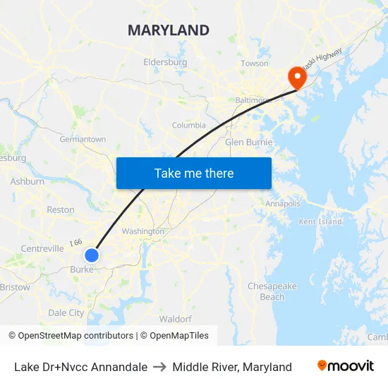 Lake Dr+Nvcc Annandale to Middle River, Maryland map