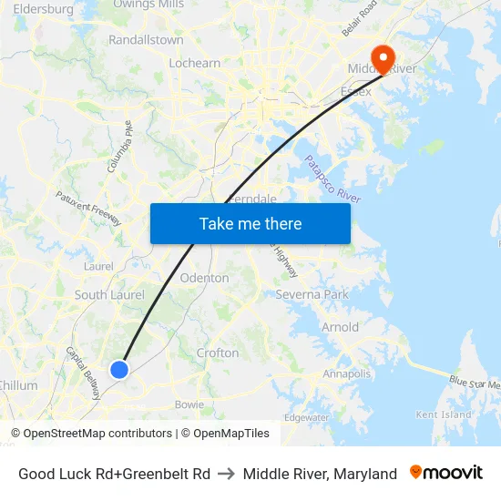 Good Luck Rd+Greenbelt Rd to Middle River, Maryland map