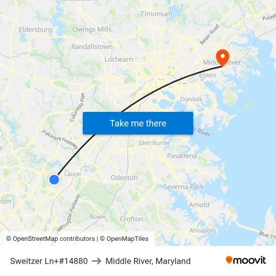 Sweitzer Ln+#14880 to Middle River, Maryland map