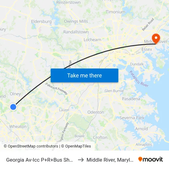 Georgia Av-Icc P+R+Bus Shelter to Middle River, Maryland map