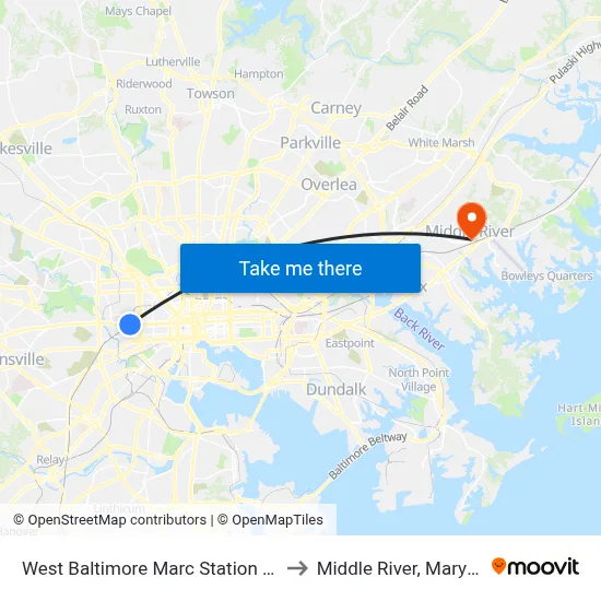 West Baltimore Marc Station Bay 3 to Middle River, Maryland map