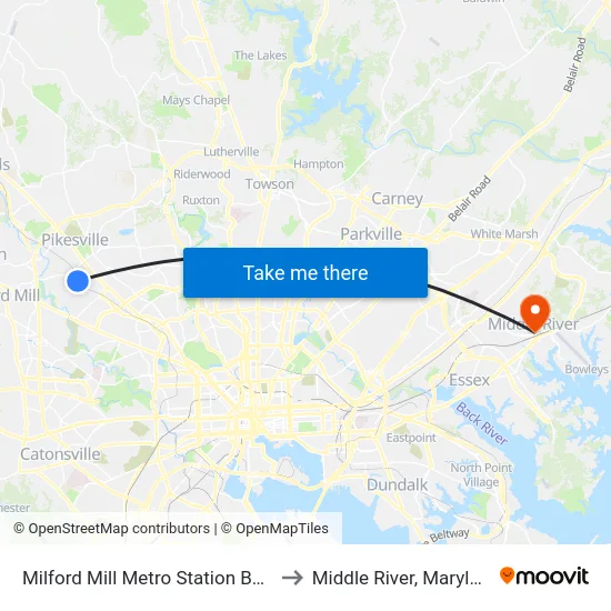 Milford Mill Metro Station Bay 1 to Middle River, Maryland map