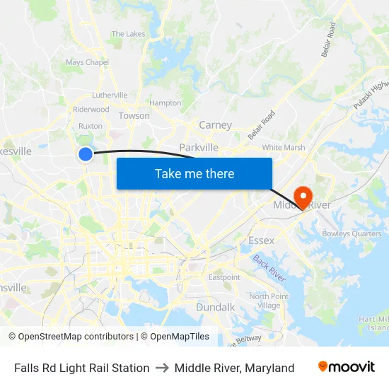 Falls Rd Light Rail Station to Middle River, Maryland map