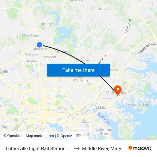 Lutherville Light Rail Station Bay 1 to Middle River, Maryland map