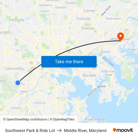 Southwest Park & Ride Lot to Middle River, Maryland map